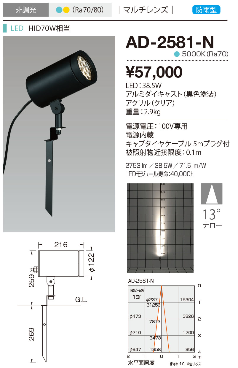 AD-3149-L 山田照明 屋外用スポットライト 黒色 LED（電球色） 64度 - 3