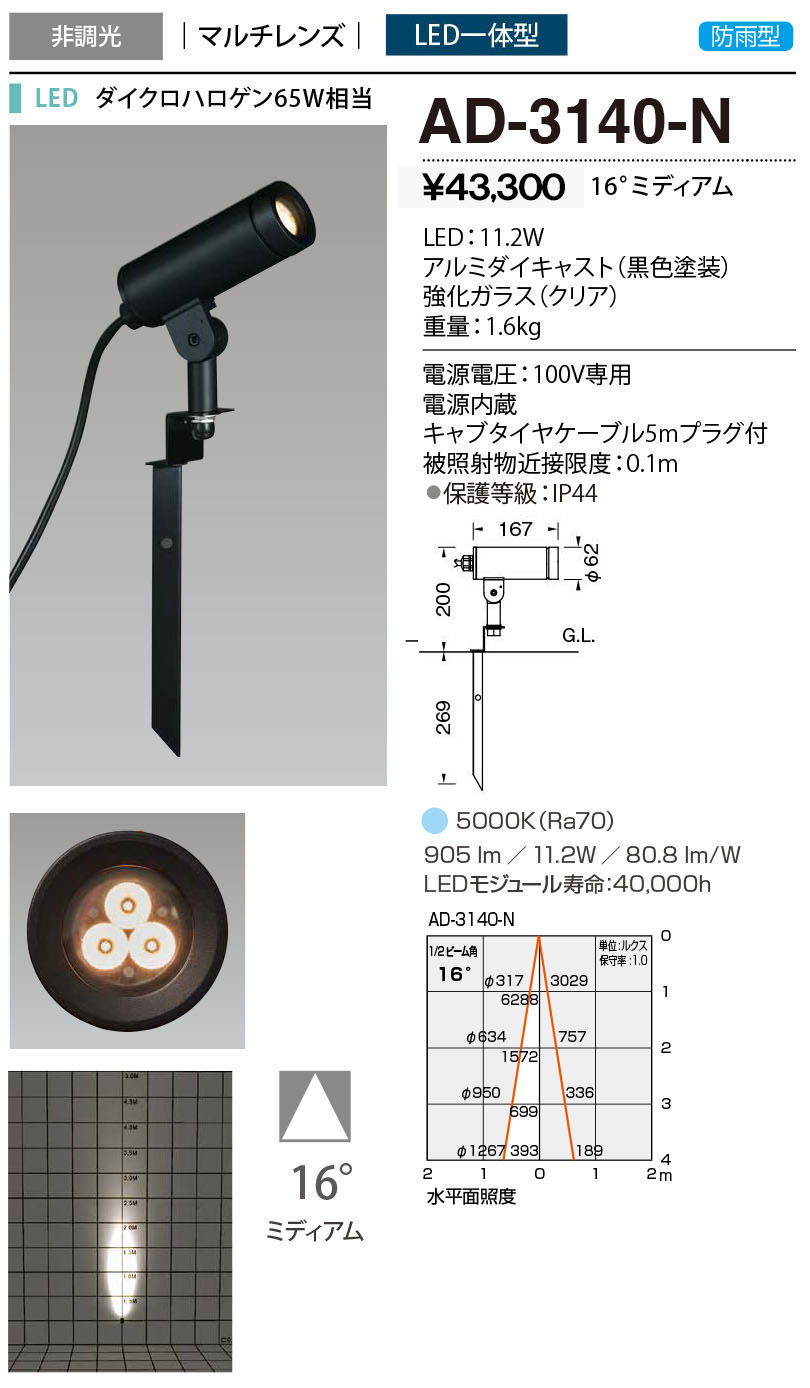 山田照明 AD-3140-N エクステリア LEDスポットライト コンパクトスポット 60 ダイクロハロゲン65W相当 マルチカットミラー 位相調光  昼白色 16°ミディアム 山田照明